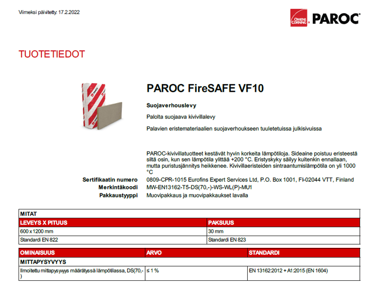 Palovilla Paroc Firesafe VF10